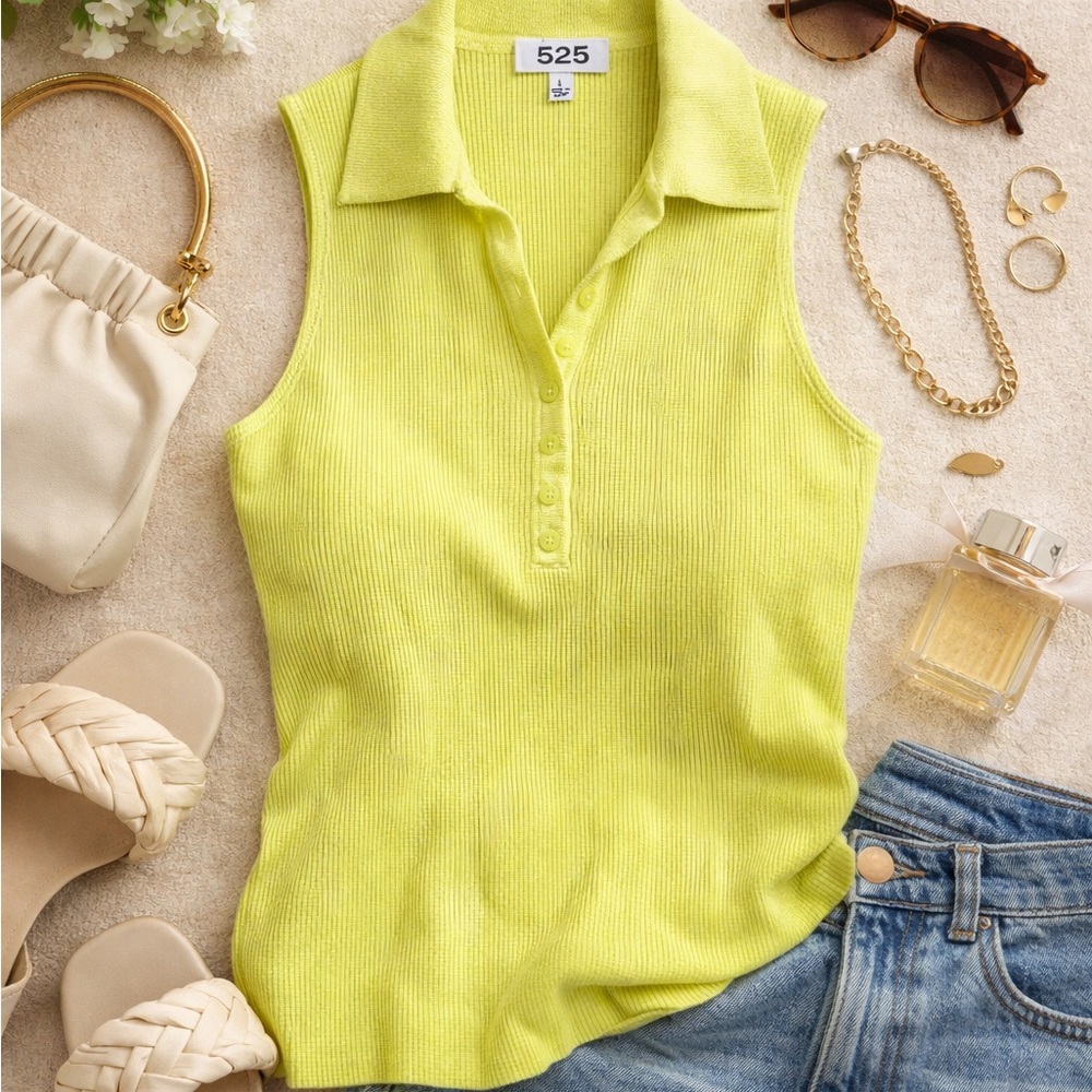 525 | Lime Green Ribbed Sleeveless Top Collared Button Front | Size L